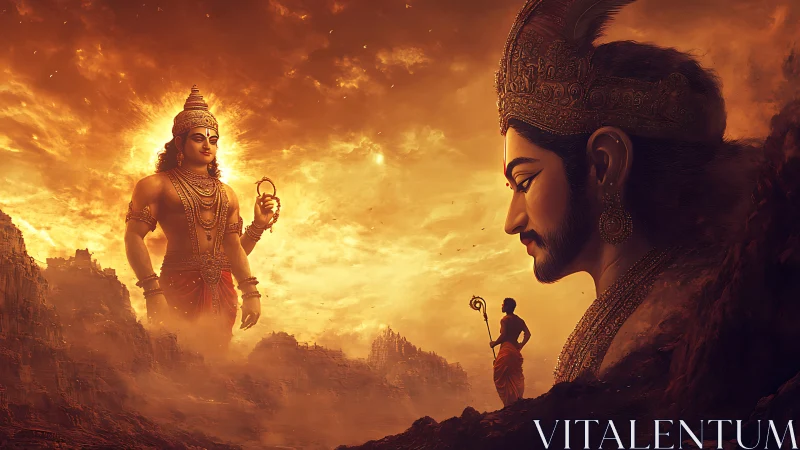 Colossal divine avatars in volumetric, ember-lit canyon sky.