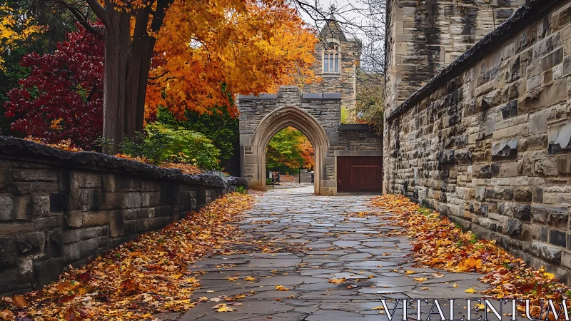 Stone pathway and gothic arch framed by autumn foliage.