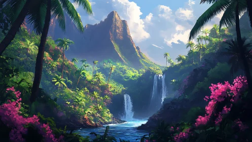 Tropical mountain valley with waterfalls and dense vegetation.