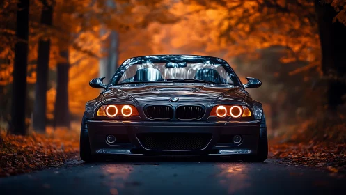 Black BMW coupe parked on forest road in autumn light.