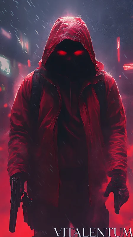 Red hooded vigilante walks through neon rain with purpose