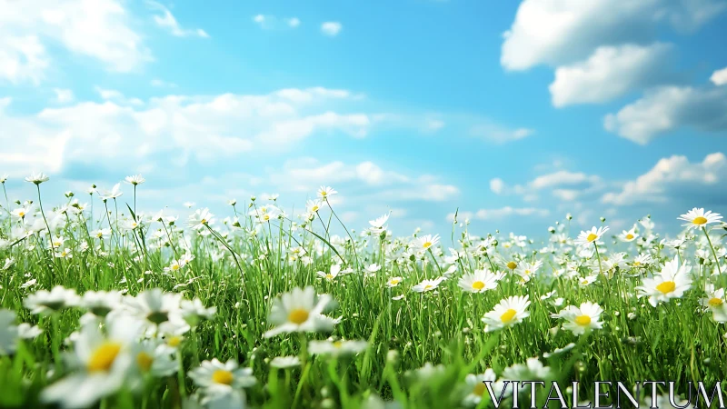Spring meadow of white daisies under radiant blue sky.
