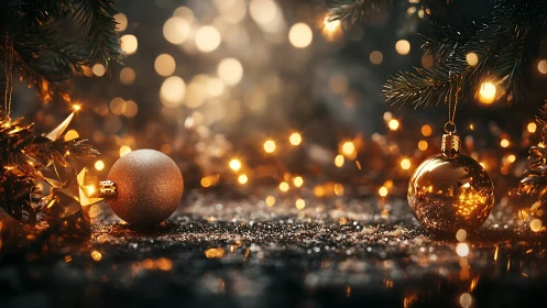 Photorealistic gold baubles in shallow-depth festive bokeh field.