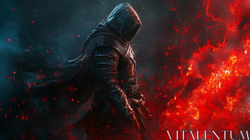 Hooded ember knight striding between frost and wildfire.