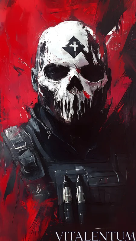 Skull-masked soldier portrait over violent red field.