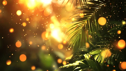 Sunlit palm leaves and golden sparkles in a dreamy glow.