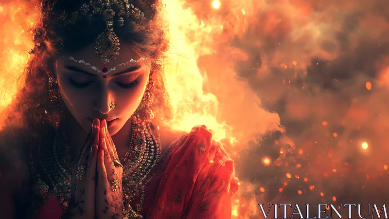 Fiery goddess portrait with folded hands in sacred prayer.