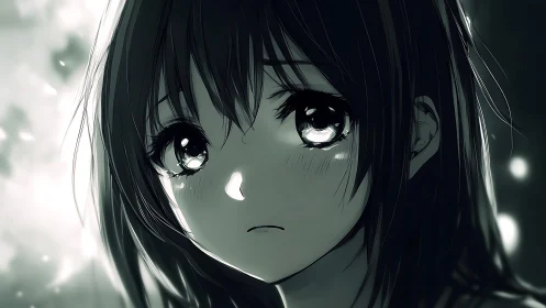 Monochrome anime portrait with reflective teary eyes focus.
