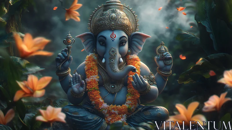 Divine Ganesha idol amid glowing lotus garden at dusk.