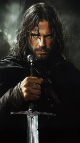 Determined warrior holding his sword with quiet resolve.