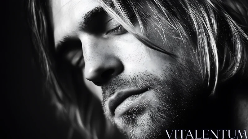 Monochrome closeup portrait captures serene male profile.