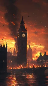Big Ben Ablaze: Apocalyptic London Under Fiery Skies.
