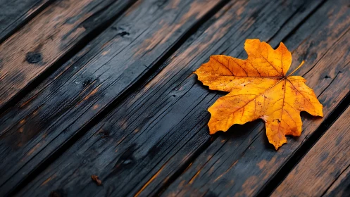 Wet maple leaf rests on dark weathered wooden planks