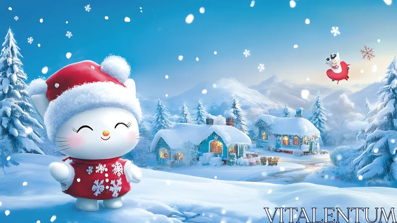 Cartoon snow cat stands in bright winter village landscape