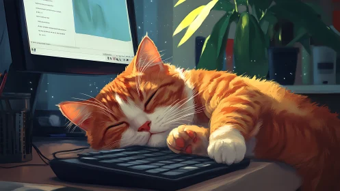 Orange Tabby Cat Resting at Digital Workstation in Warm Illumination.