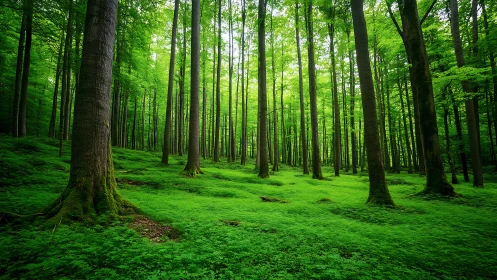 Lush Green Forest with Tall Trees and Vibrant Understory, Nature Scene.