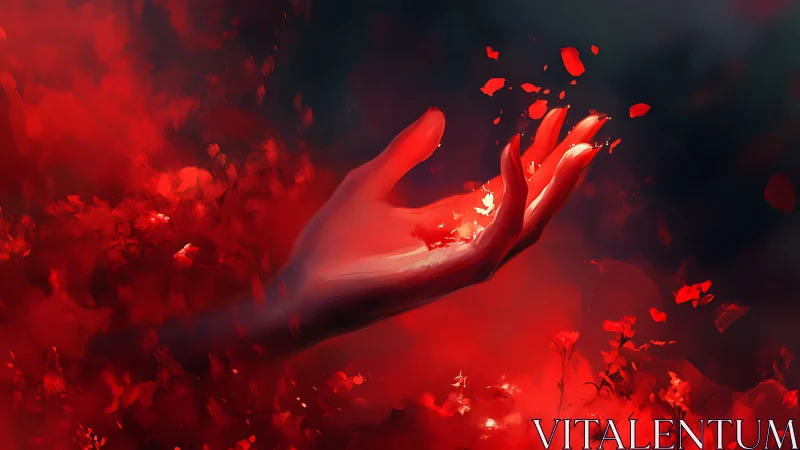 Dramatic red digital hand scattering petals in dark void