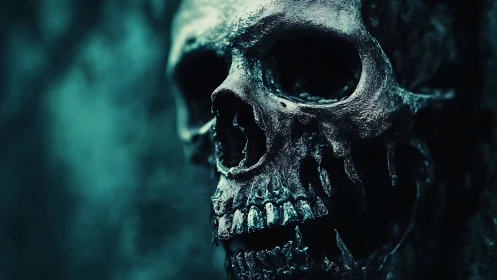 Moody teal skull study in shadows and quiet mystery.