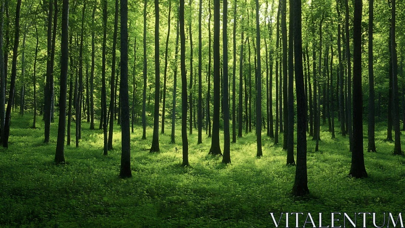 Sunlit serene forest with tall trees and lush green undergrowth.