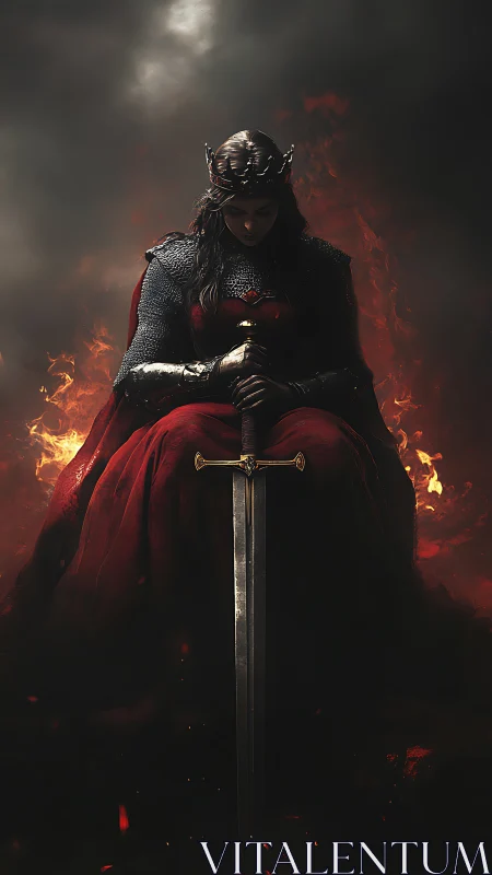 Armored flame crowned queen with greatsword in chiaroscuro