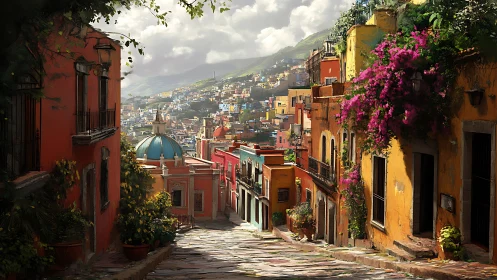Digital painting of sunlit hillside street in vibrant townscape.