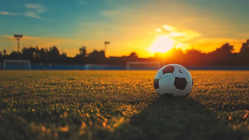 Soccer ball rests on sunlit field under vivid sunset glow