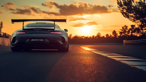 Track-ready Mercedes AMG GT dominates sunset circuit scene.