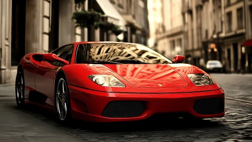 Red supercar dominates cobblestone street in golden light.