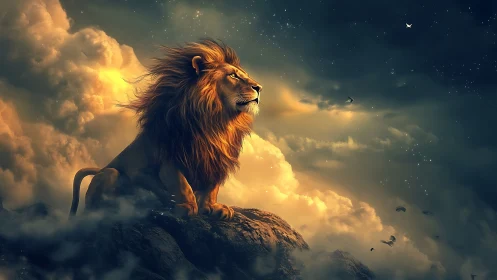 Male lion on rocky outcrop under clouded night sky.