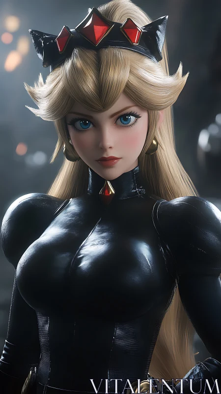 Regal blonde warrior stands poised in sleek black armor.