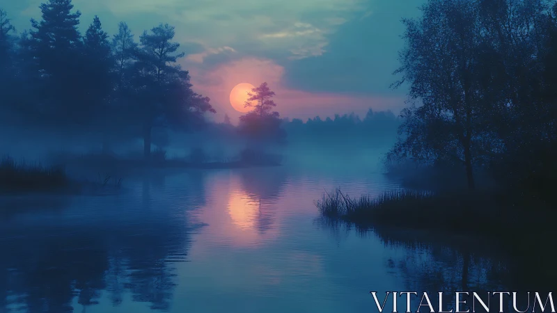 Misty forest lake glows under ethereal pink sunset moon.