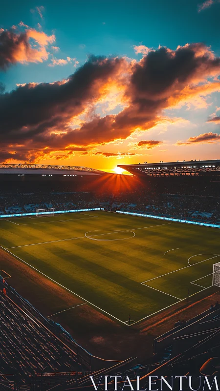 Stadium sunset ignites a glowing emerald football arena.