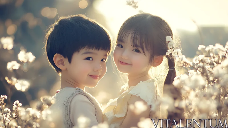Two Children Among White Blossoms: Golden Hour Portrait Study