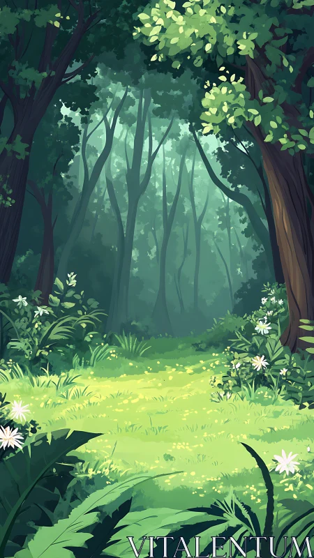 Forest glade illuminated by soft light through dense canopy