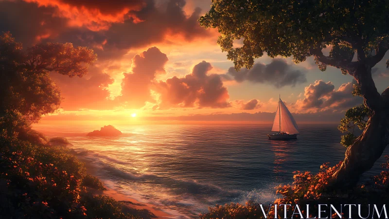 Radiant coastal sunset embracing solitary white sailboat.