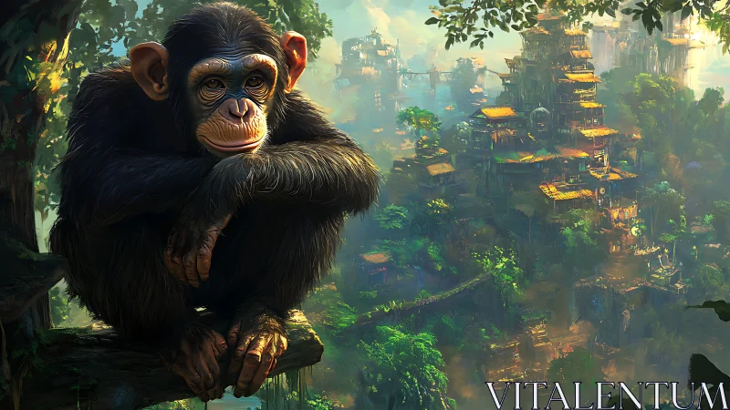 Contemplative chimpanzee overlooking intricate arboreal megacity.