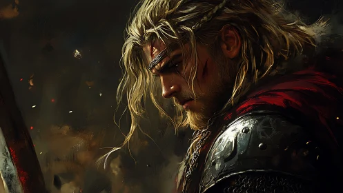 Battle-worn blond warrior stares downward in side profile