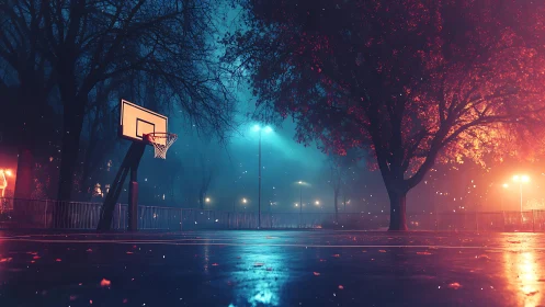 Moody city basketball court glows beneath neon night haze.