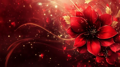Radiant crimson blossoms drift through a glowing golden night