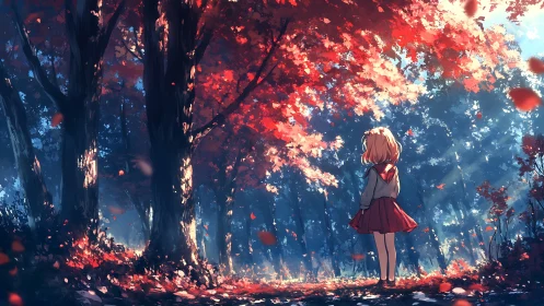 Autumn forest scene frames solitary schoolgirl in backlight