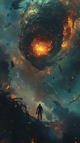 Lone space wanderer gazes into a blazing cosmic vortex