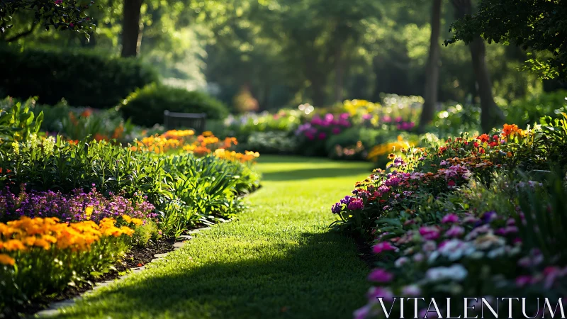 Sunlit Garden Pathway with Blooming Flowers.