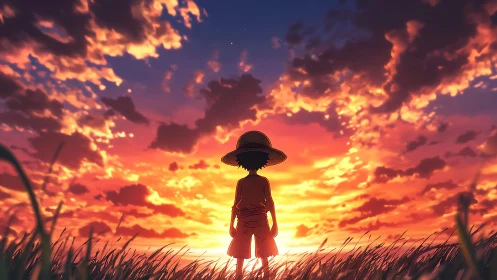 Straw-hatted child silhouette under blazing anime sunset sky.