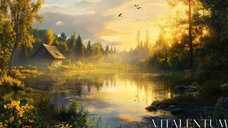 Sunlit forest cabin overlooks tranquil reflective lake at dawn.