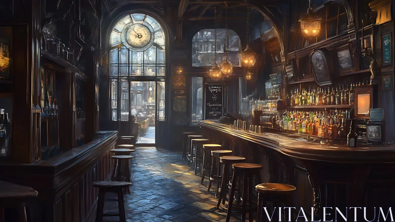 Steampunk Tavern Interior with Arched Clock and Amber Lighting