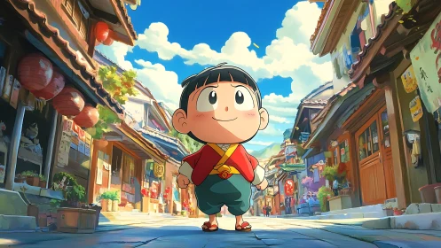 Bright eyed child strolls a colorful old town street