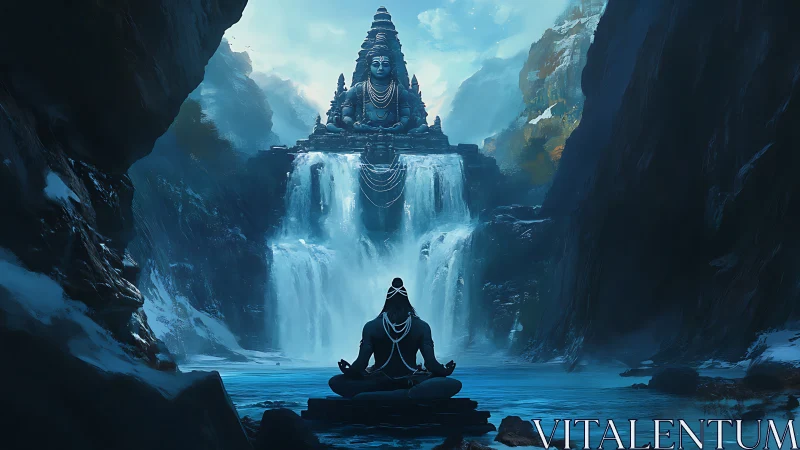 Mountain deity and meditating yogi beneath cascading silence.