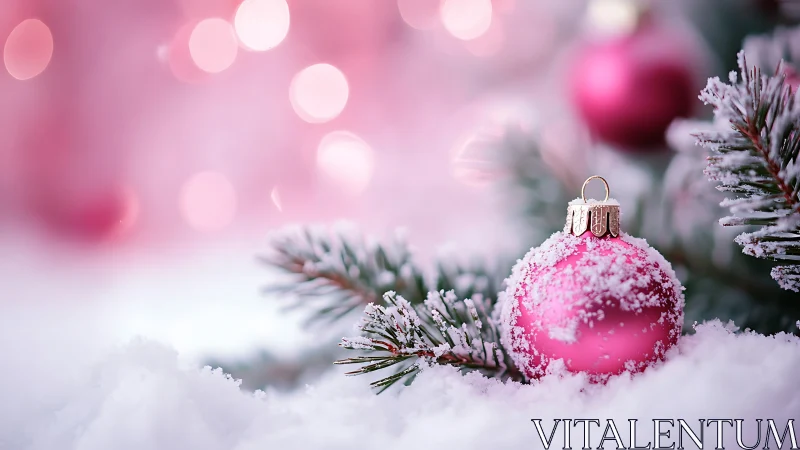 Pink Christmas bauble resting on snowy pine branch.