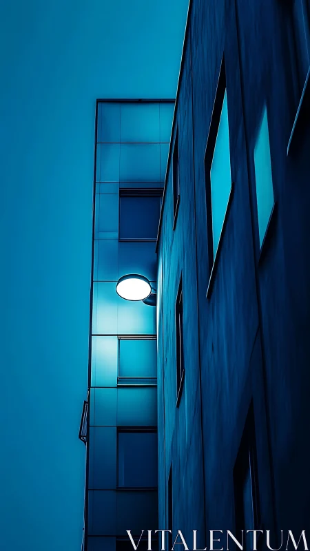 Cool blue city corner glows softly in the evening hush