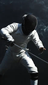 Fencer in white gear lunging forward during a duel.
